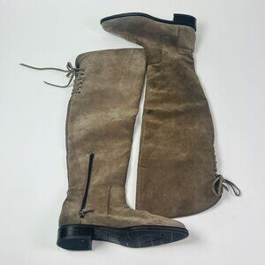 Aquatalia Tan Suede Knee High Riding boots Womens 10.5 Lace Up Zipper Italy